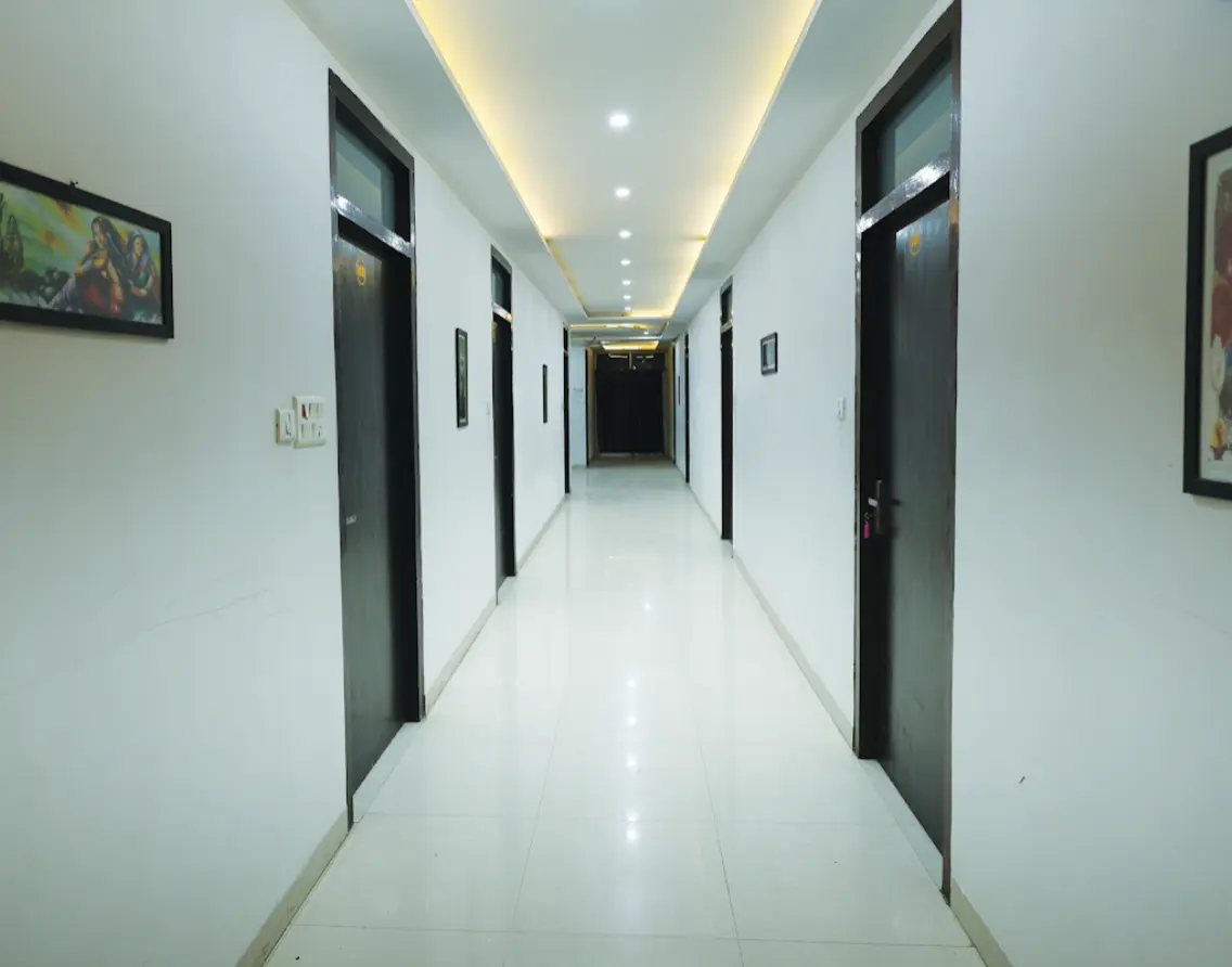 Hotel corridor with artwork